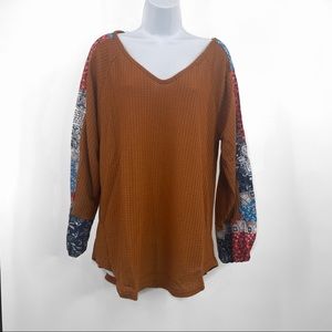 Epretty| Long Sleeve Brown Printed Sleeve Blouse